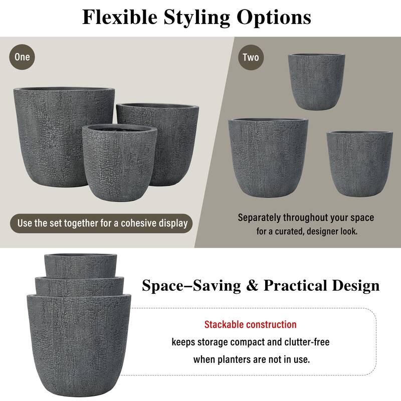 Lightweight Planter Set of 3,16.93"+13.78"+11.02"Dia Round Concrete Stackable Flower Pots with Drainage Holes and Rubber Plug