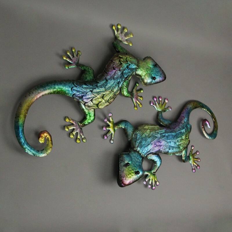Multicolor Stamped Metal Gecko Lizard Wall Decor Sculptures (Set Of 2)
