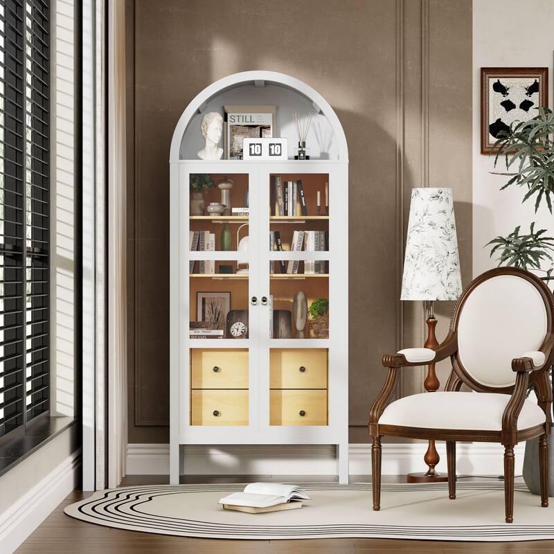 Modern Arched Cabinet with Glass Doors,72" Tall Arch Storage Cabinet with Height Adjustable Shelf and 2 Drawers Bookshelf