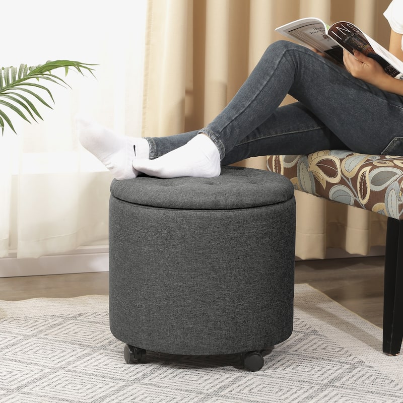 Adeco 17" Faux Leather Round Storage Ottoman with Tufted