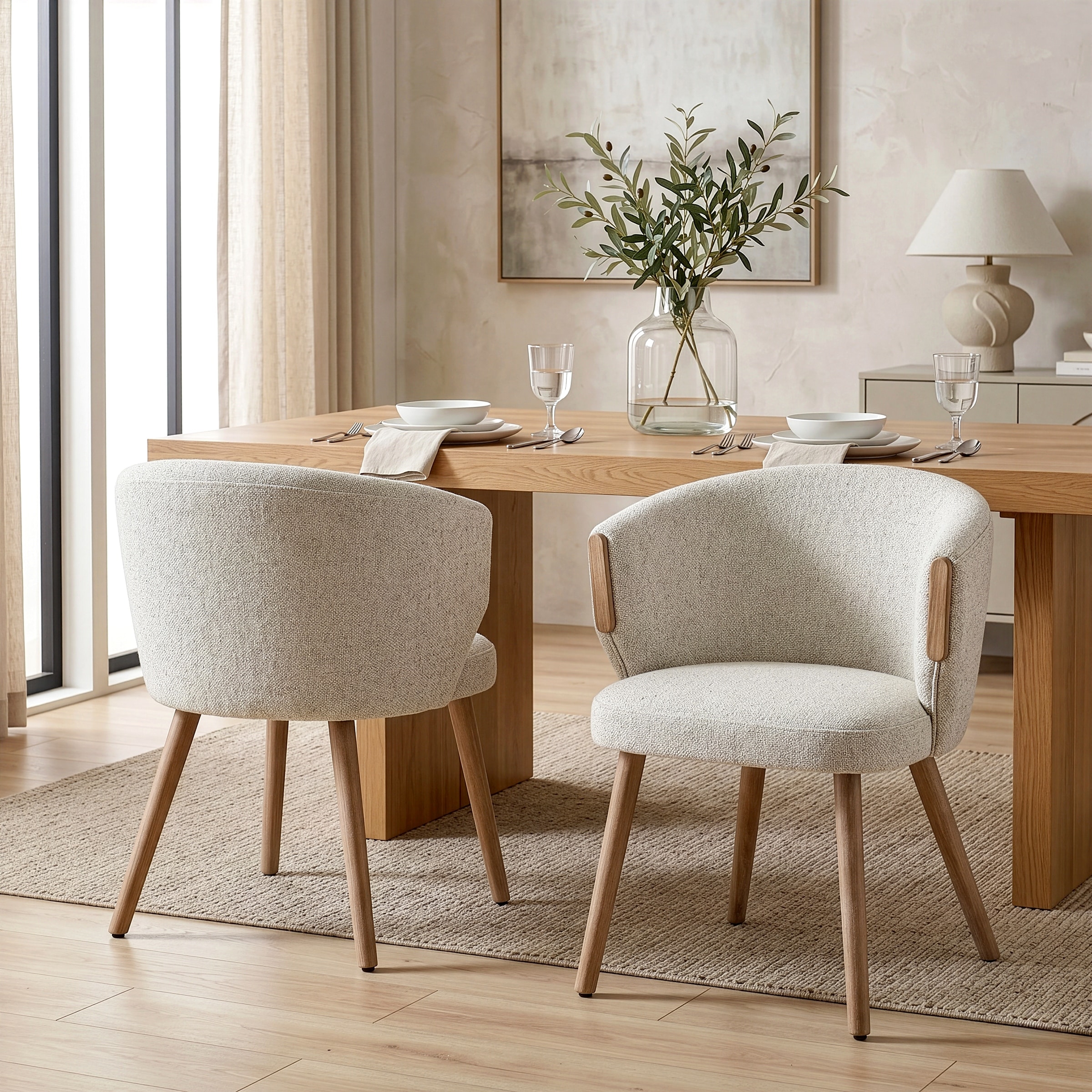 Bernice Beige Boucle Fabric Dining Chair with Wood Legs (Set of 2)