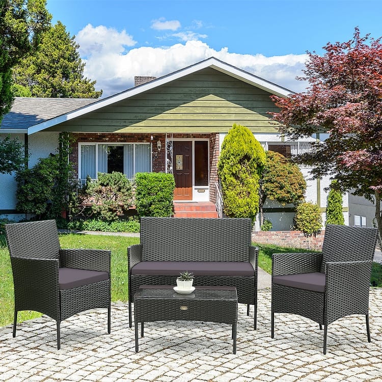 4 Pieces Patio Rattan Cushioned Sofa Set with Tempered Glass Coffee Table - 24" x 23.5" x 33" (L x W x H)