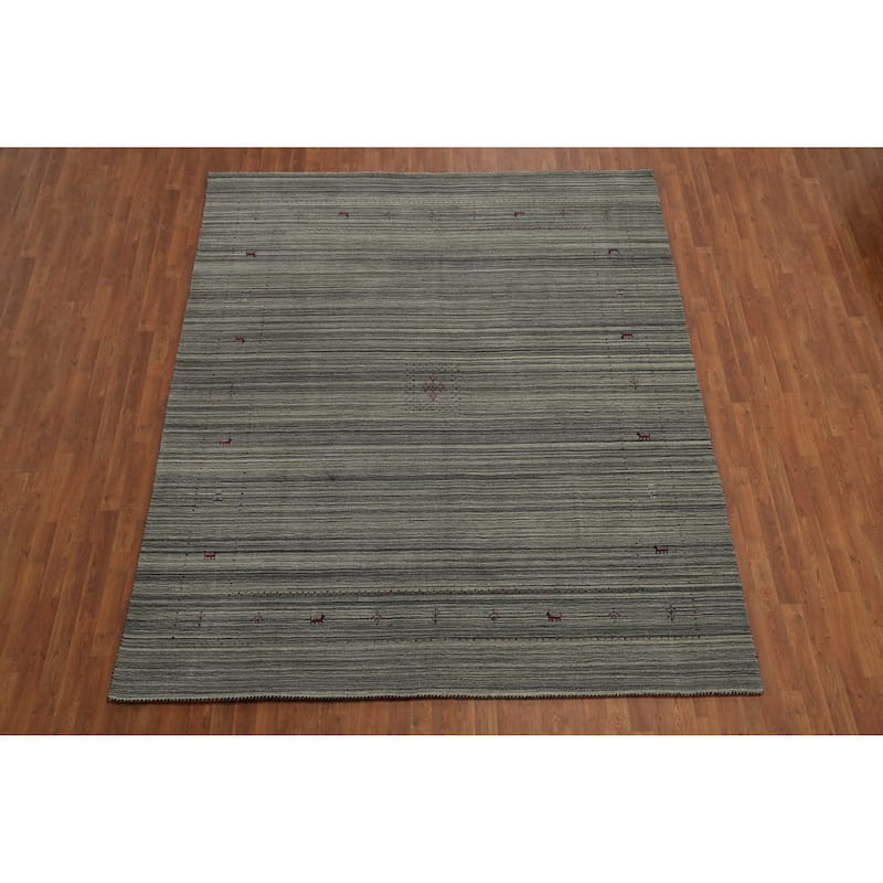 Hand Knotted Oriental 100% Wool Carpet Tribal Animal Pictorial Greys & Charcoal Gabbeh Area Rug - 9' 9'' X 8' 2''