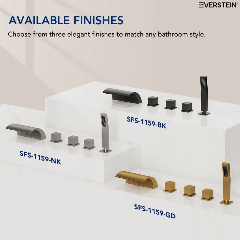 5-Hole 3-Handle Deck-Mount Waterfall Tub Faucet with Hand Shower,Waterfall Spout Bathtub Faucet