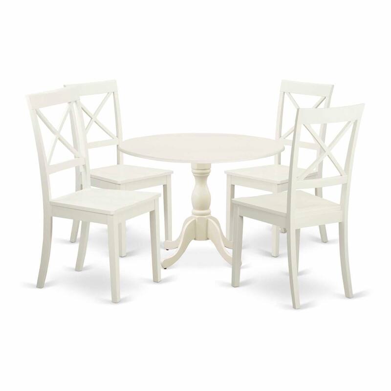 HomeStock 5-Piece Linen White Finish Solid Wood Top Dining table with 4-Chairs with Drop Leaf Lattice Back
