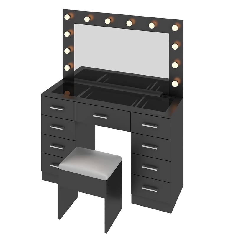 Luxury Vanity Desk Set with Lighted Mirror Cushioned Stool 9 Drawers Glass Tabletop and Built in USB Charging Station
