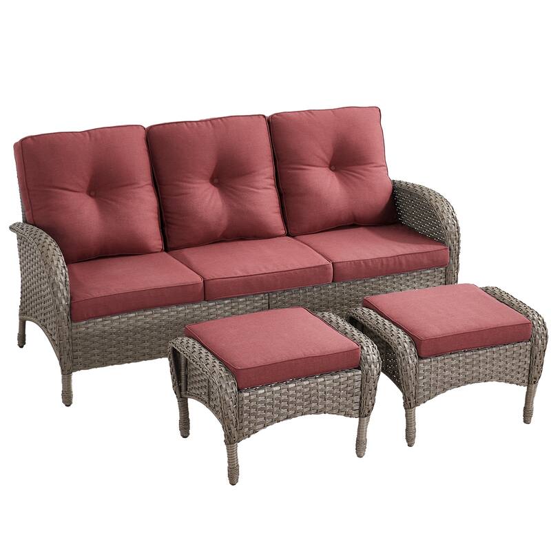 Outdoor Patio 3 Seats Sofa Couch with Ottomans