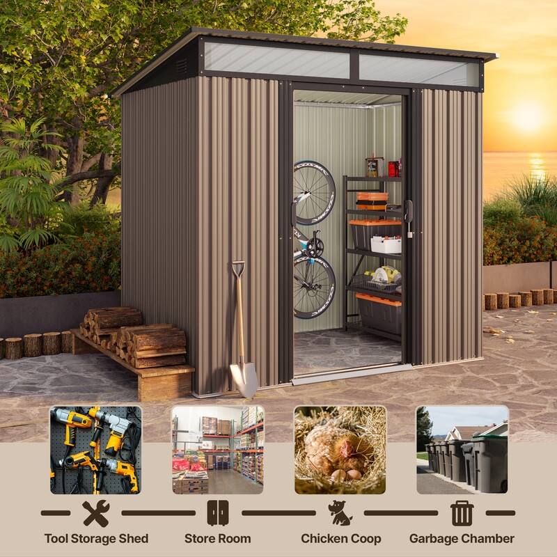 6' x 4' / 8' x 6' Outdoor Storage Shed, Galvanized Metal Garden Shed with Double Lockable Doors