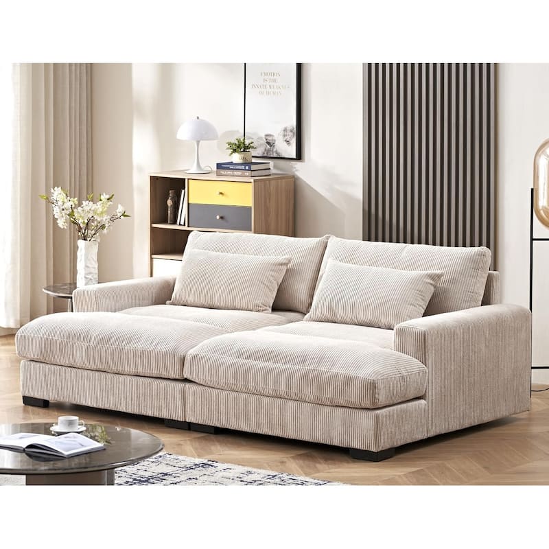 Luxe Sleeper Sofa with Soft Corduroy Upholstery Double Chaise Design Convertible to Twin Size Bed Extra Large - Beige