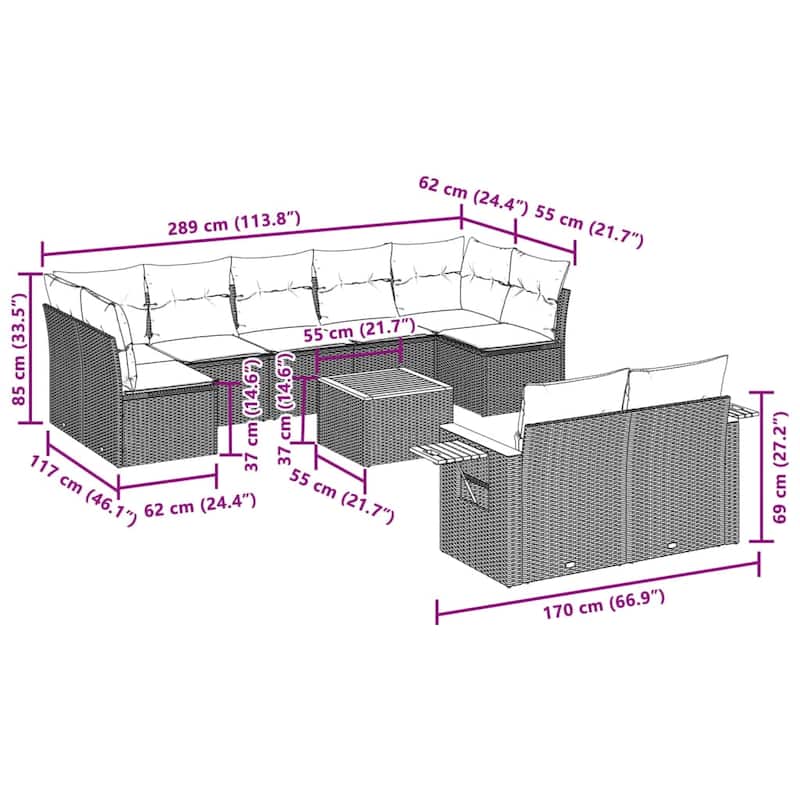 vidaXL Patio Sofa Set with Cushions Outdoor Conversation Furniture Poly Rattan - 24.4 x 33.5 x 27.2 in