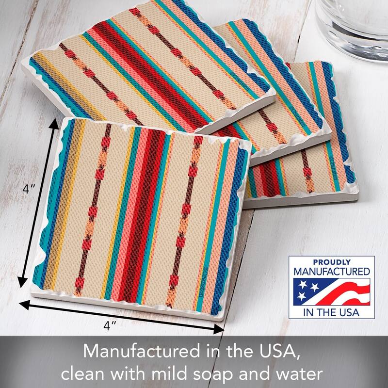 Southwest Multi-Stripe 4-Pack Absorbent Stone Coasters with Protective Cork Backing 4" Square Made in The USA Easily Wipes Clean
