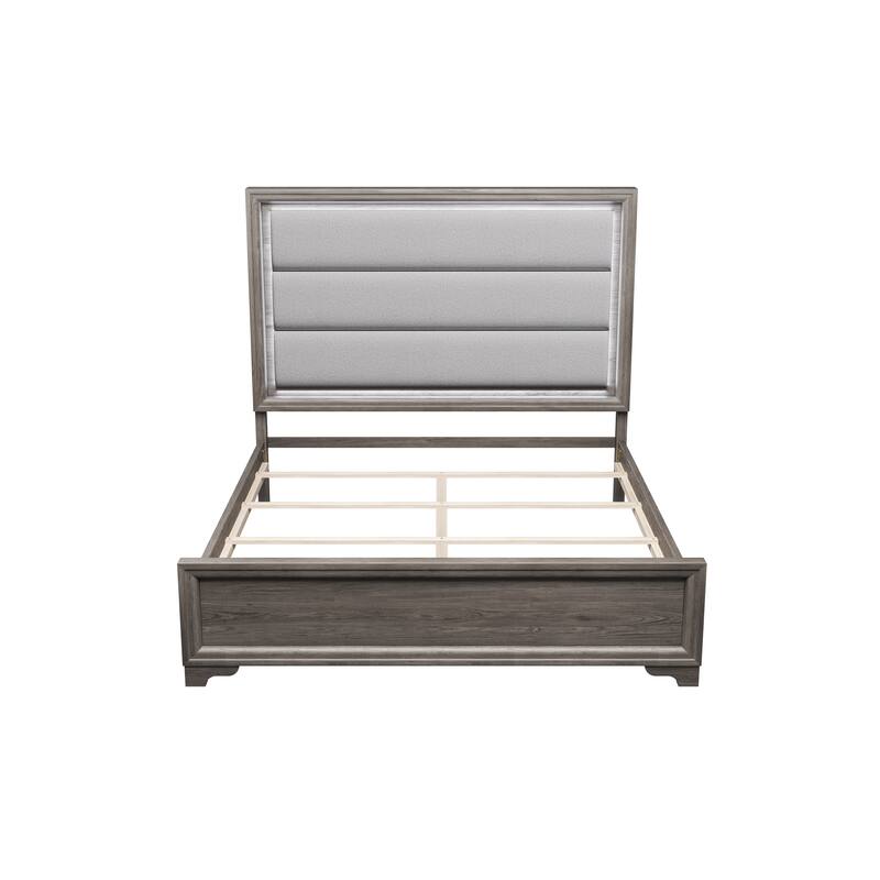 Contemporary Style Bed Dresser Mirror Nightstand And Chest Set Metal Handles Bracket Legs Light Brown Finish Bedroom Furniture