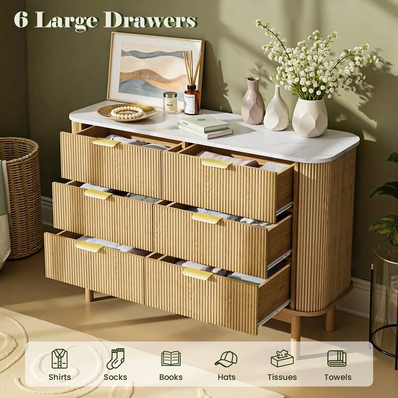 47" Wooden Buffet Cabinet Curved Profile Design With Faux Marble Top & Fluted Chest Of Drawers