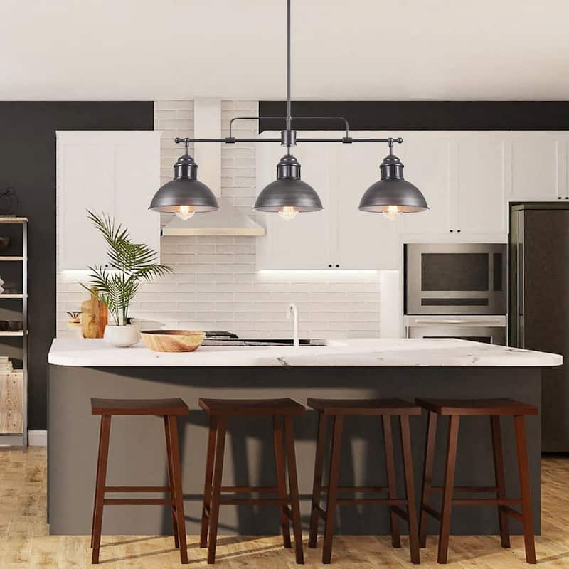 Industrial 3-Light Dome Kitchen Island Pendant - Brushed Black Grey - Black Grey