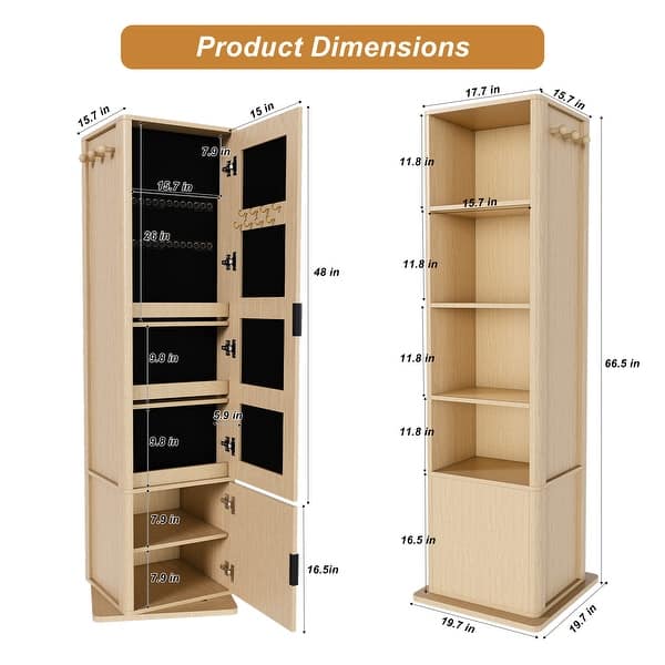 Anmytek 360 Rotating Jewelry Cabinet, Full Length Mirror Standing Storage Cabinet with Coat Rack and Open Shelves, Walnut