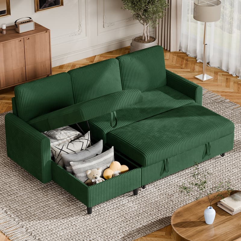 Futzca 3-in-1 Convertible Corduroy Sofa Bed with Storage, L-Shaped Sectional Couch
