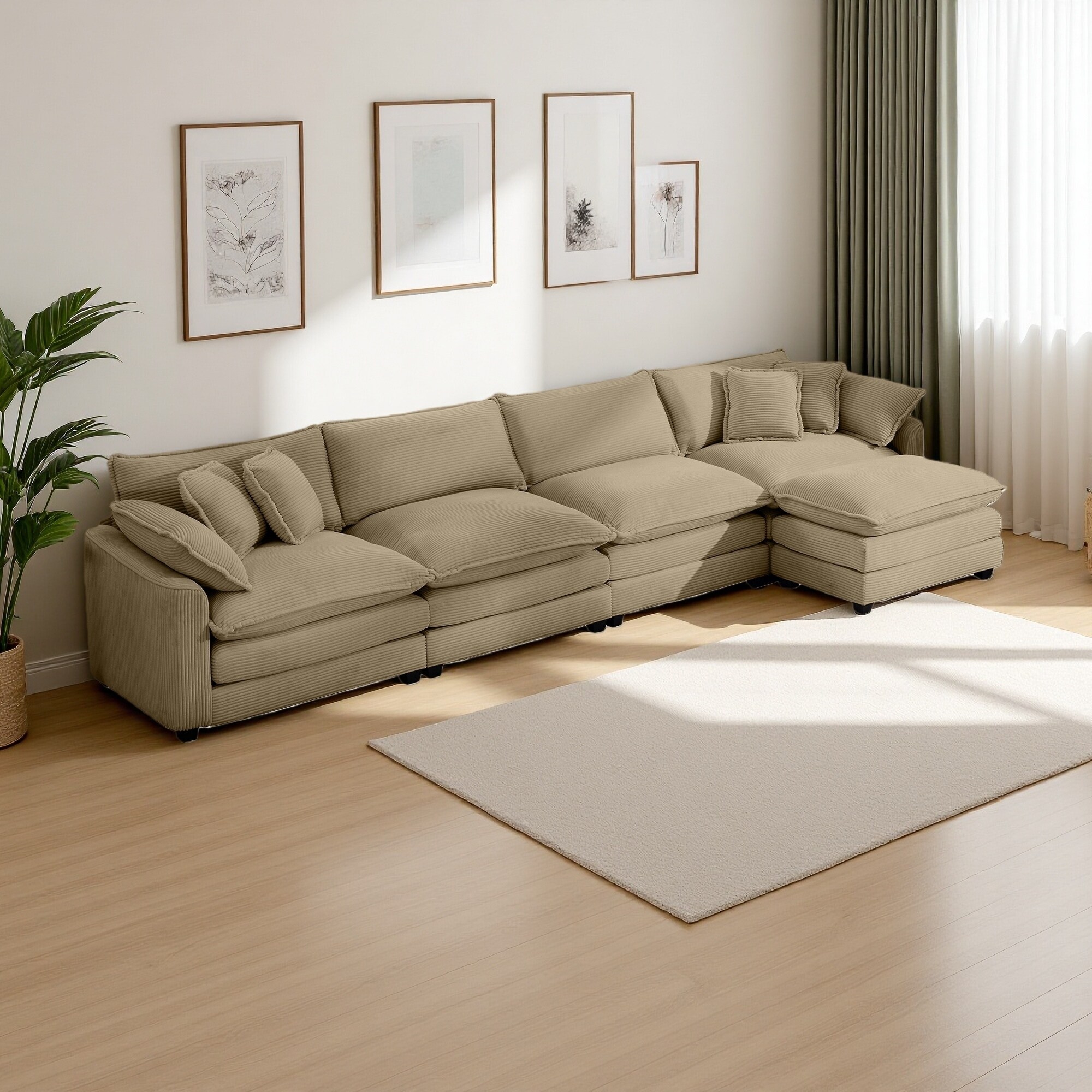 114.56" Corduroy L-Shaped Modular Sectional Sofa with Ottoman (3-Seater)