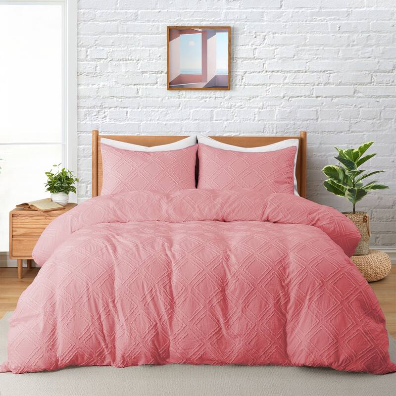 Clipped Jacquard Geometric Duvet Cover & Pillowcase Set - Pink/Square - King