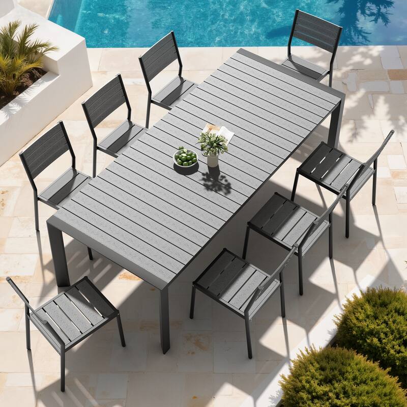 Set of 9 Outdoor Patio Dining Set WoodLike Table Top Aluminum Rectangular Umbrella Hole Table with Stackable Dining Chairs