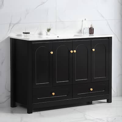 48" Black Bath Vanity Set‌ – Ceramic Sink Combo With Spacious Storage Cabinet, Featuring 4 Soft-Close Doors & 2 Drawers