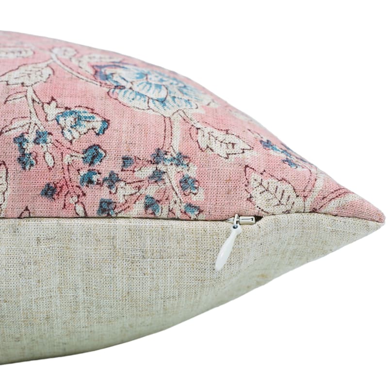 Fabdivine Pink or Gray Floral Accent Cushion Cover for Farmhouse Sofa, Bed Pillowcase 16x16 Inch Viscose Linen, Rameshwaram