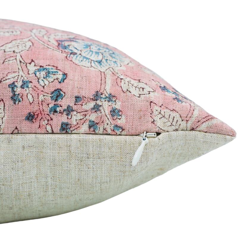 Fabdivine Pink or Gray Floral Accent Cushion Cover for Farmhouse Sofa, Bed Pillowcase 22x22 Inch Viscose Linen, Rameshwaram