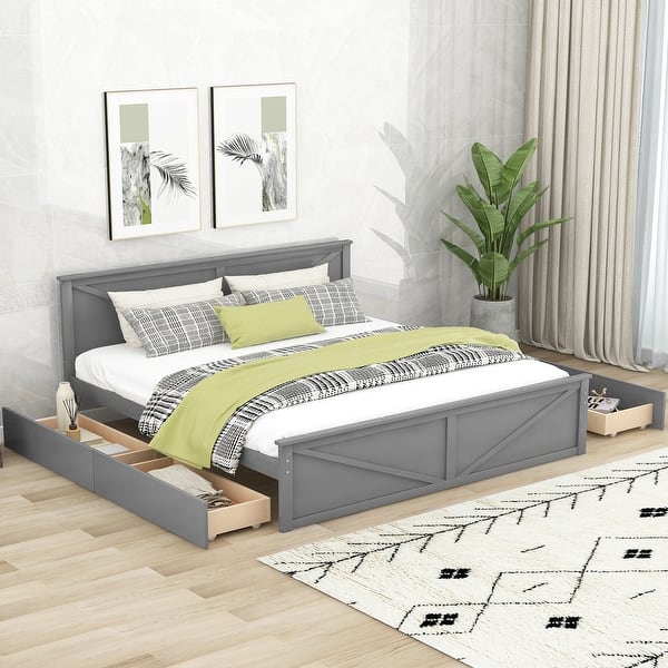 King Size Grey Wood Platform Bed with 4 Storage Drawers Bed Bath