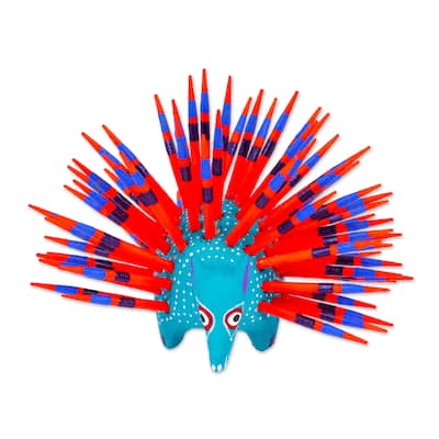 Novica Handmade Cute Porcupine In Turquoise Wood Alebrije Figurine