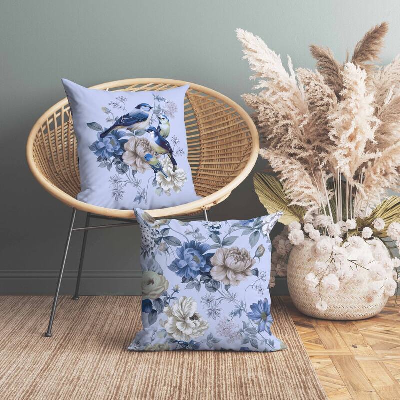 Petal Perched Birds Indoor/Outdoor Reversible Throw Pillow Skyblue and Lavender