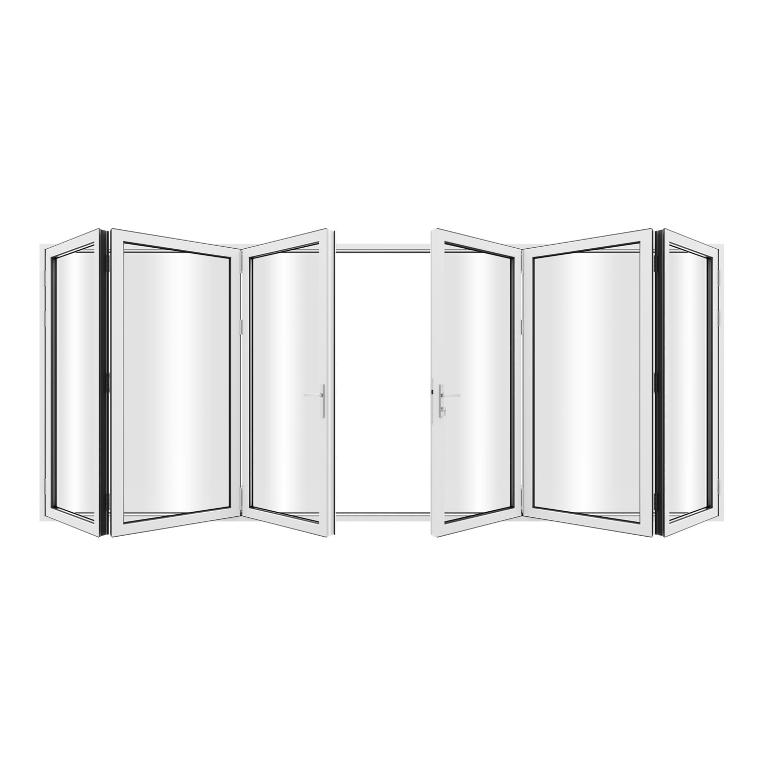 KaMic 192"×96" 6 Panels Aluminum Folding Door In White,Folded Out From Dual Open Model #:FD6PWH19296-DO