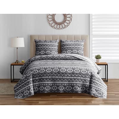 DESIGN STUDIO Desert Stripe Dark Grey Soft Matelasse Jacquard Quilt Set