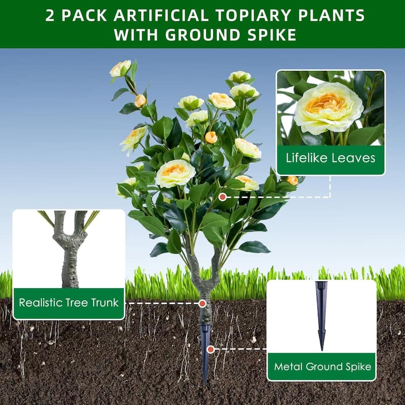 Set of 2/4 Artificial Topiary Ball Trees with Metal Stakes with Camellia Flowers
