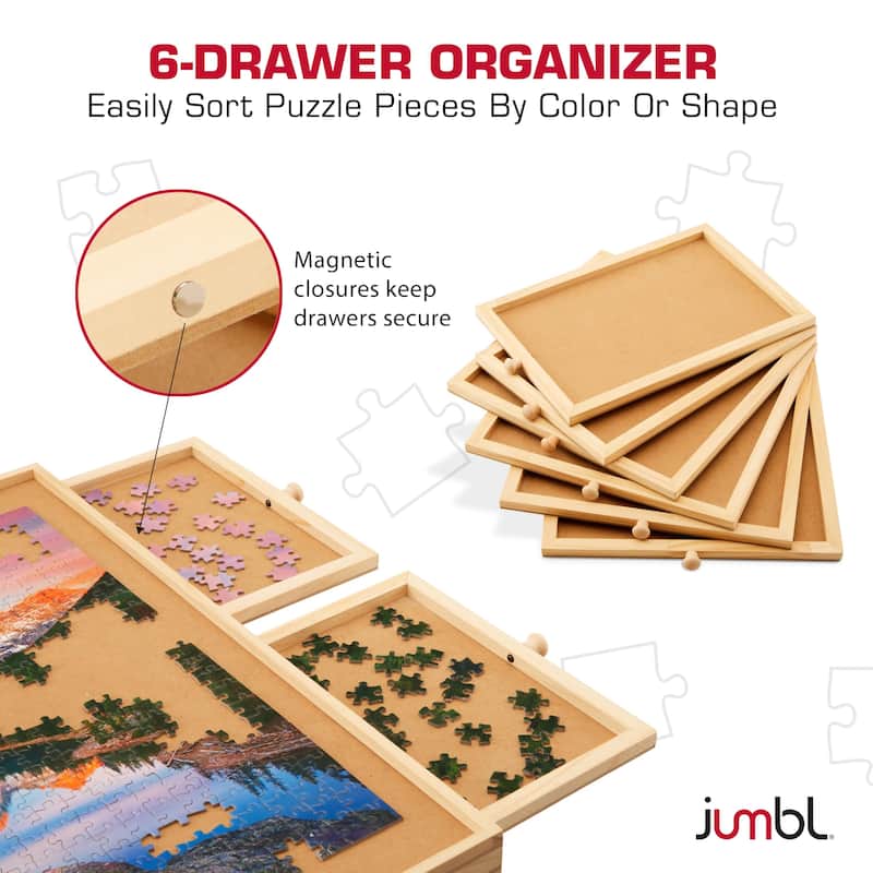 Jumbl Puzzle Board with Drawers, Foldable Legs & Cover - Wooden Jigsaw Puzzle Table - Brown