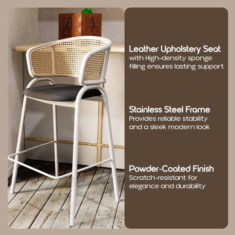LeisureMod Ervilla Modern Wicker Leather Bar Stool with Curved Back & White Stainless Steel Frame for Home & Kitchen