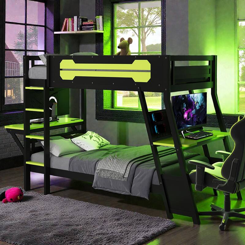 Twin/Full Gaming Bunk Bed with Dual Desks, USB Charging Ports and Pegboard Organizer, Gamer Bunk Frame