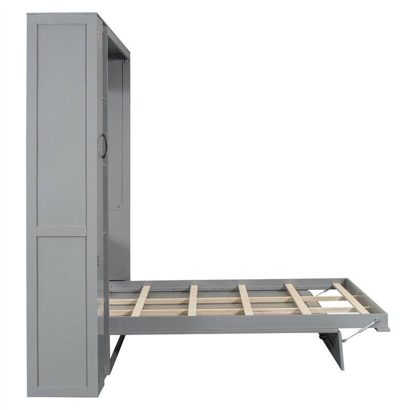 Full/Queen Size Murphy Bed Wall Bed with LED Lights and Storage Cabinet, Foldable Murphy Cabinet Bed with Open Storage Shelves