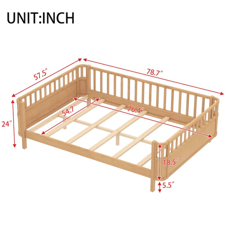 Multi Size Low Platform Bed for Kids with Rounded Corners Guardrails, Detachable Right-side Fence and Open Left-side Design