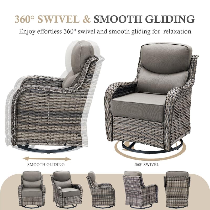 Arcadia 3-Piece Wicker Patio Swivel Glider Chairs with 6-Inch Thick Cushions and Side Table