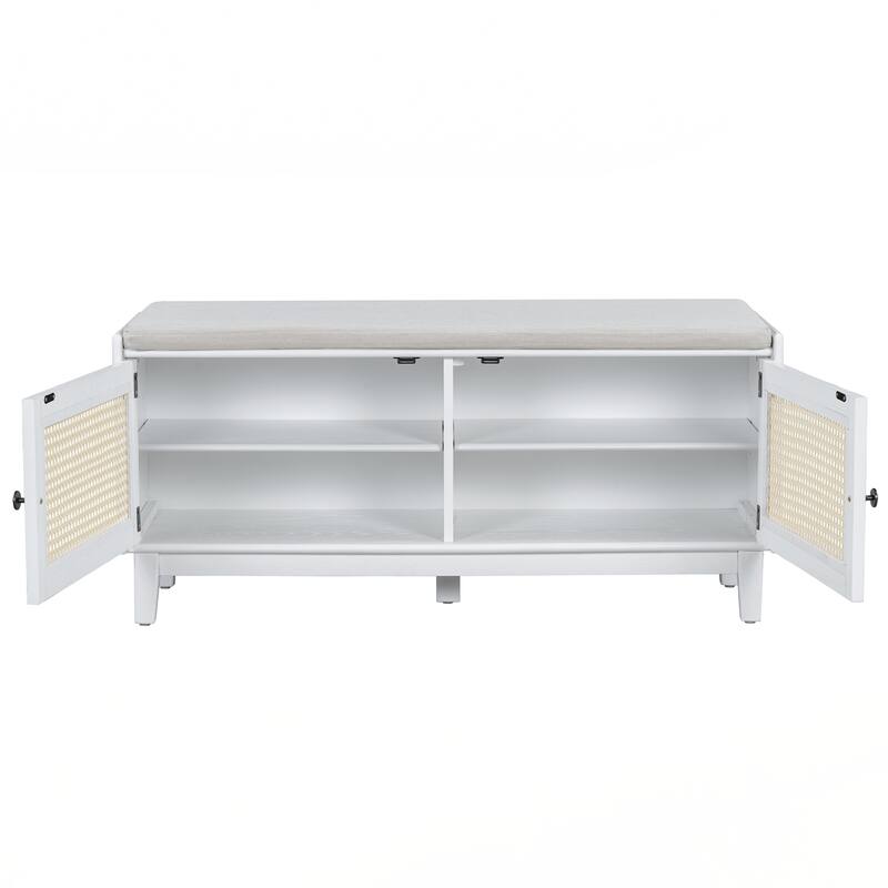 Rattan Entryway Bench with Storage, Cushioned Shoe Bench with Double Doors