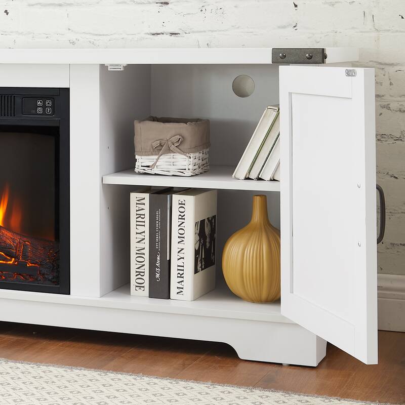 Modern Farmhouse TV Media Stand, Large Barn Inspired Home Entertainment Console, with 23" Fireplace Insert, for TV Up to 70'', w