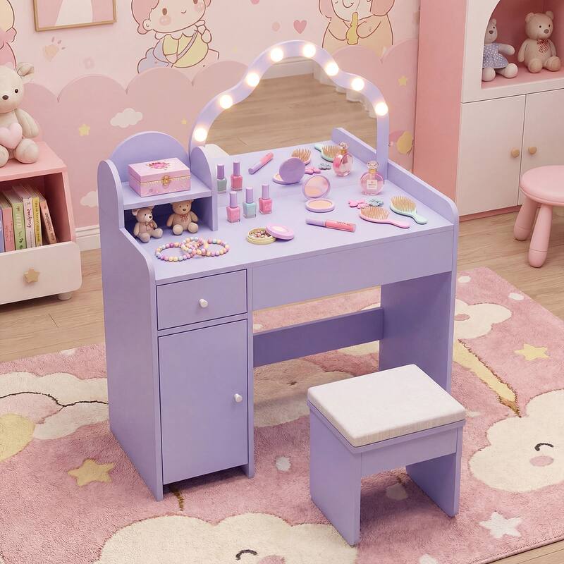 Gymax Kids Vanity Set Princess Pretend Play Makeup Desk w/ Cute