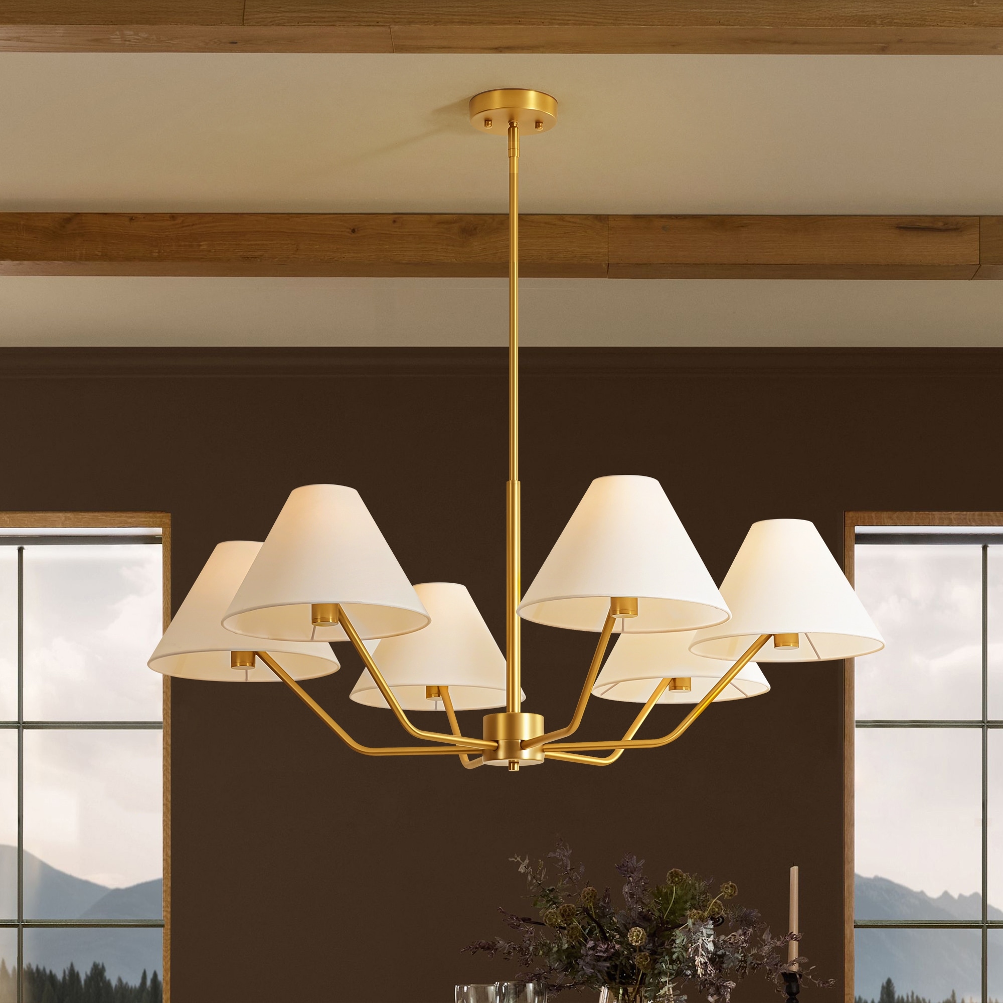 Rennnsan 6-Light Mid-Century Brass Chandelier with White Fabric
