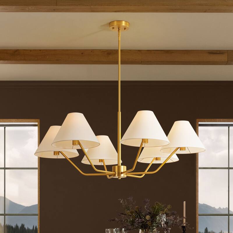 6-Light Mid-Century Modern Brass Chandelier with White Fabric Shades - Gold Finish Ceiling Light Fixture for Living Room