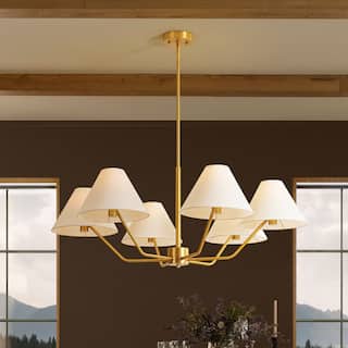 6-Light Mid-Century Modern Brass Chandelier with White Fabric Shades  - Gold Finish Ceiling Light Fixture for Living Room