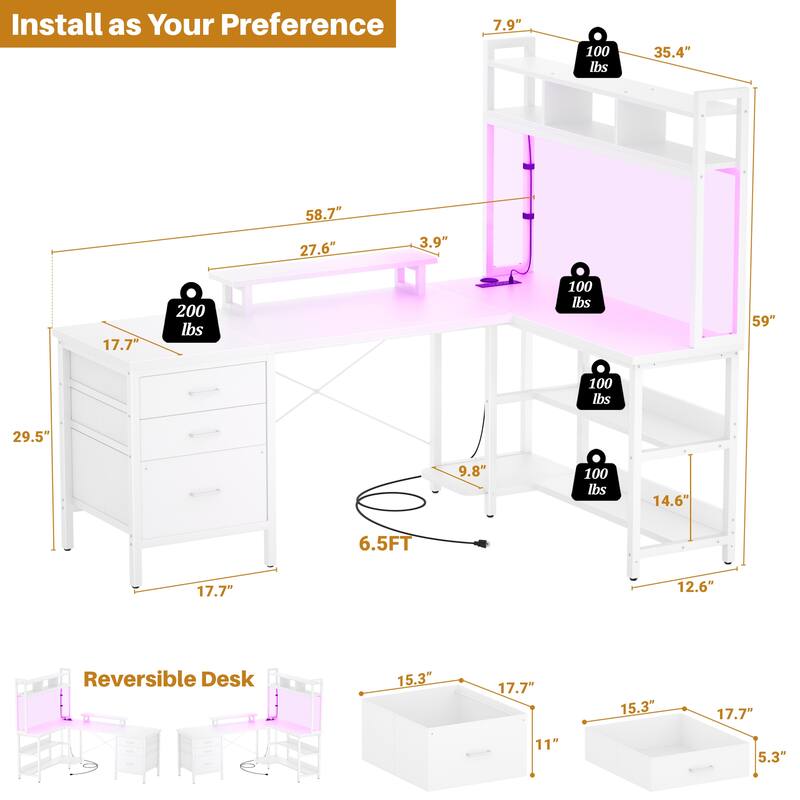 Ultimate L-Shape Gaming Desk with Bookshelf Hutch and 3 Fabric Drawers, Computer Desk with Power Outlets and LED Lights