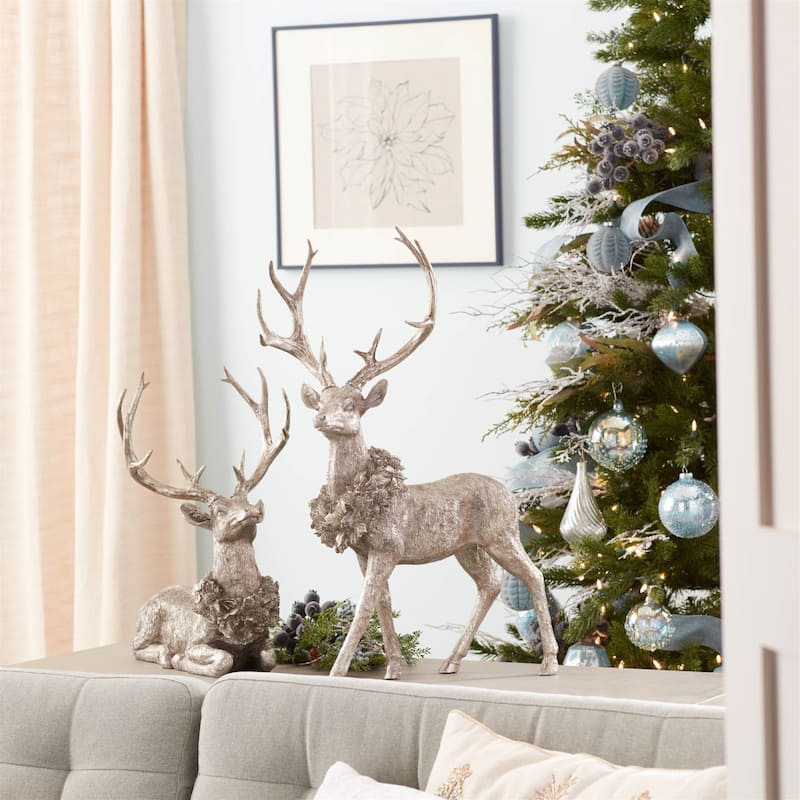 Festive Deer Figurines Set of 2 with Holly Wreaths for Christmas Display