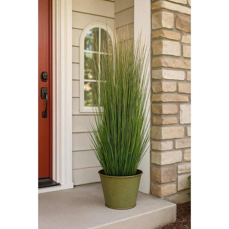 HomeStock 41" Onion Grass in Round Metal Planter - Lifelike Tall Faux Plant for Modern Home Décor - 41