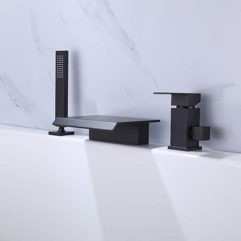 Widespread Bathroom Sink Bathtub Faucet Waterfall Tub Filler - Black