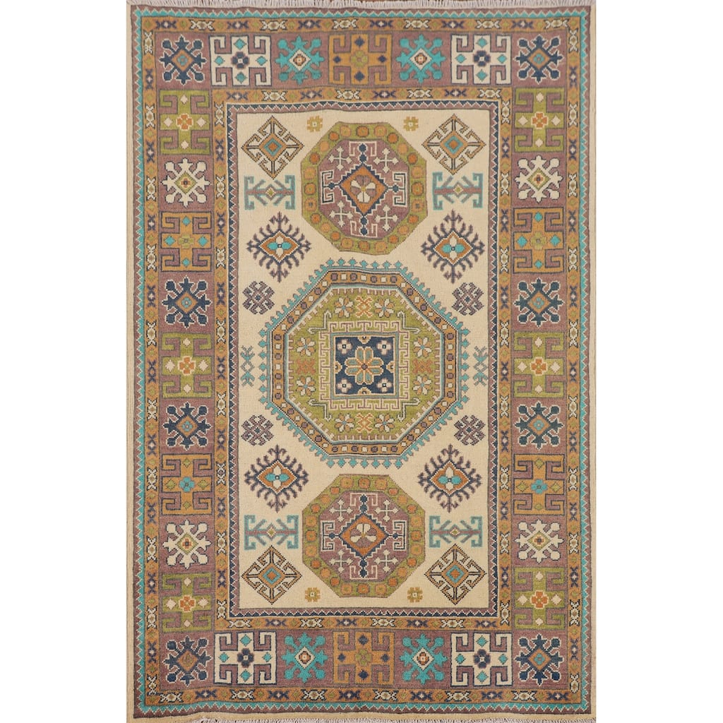 Kazak Foyer Rug Handmade Beige Geometric Wool Carpet - 3'11" x 6'1"