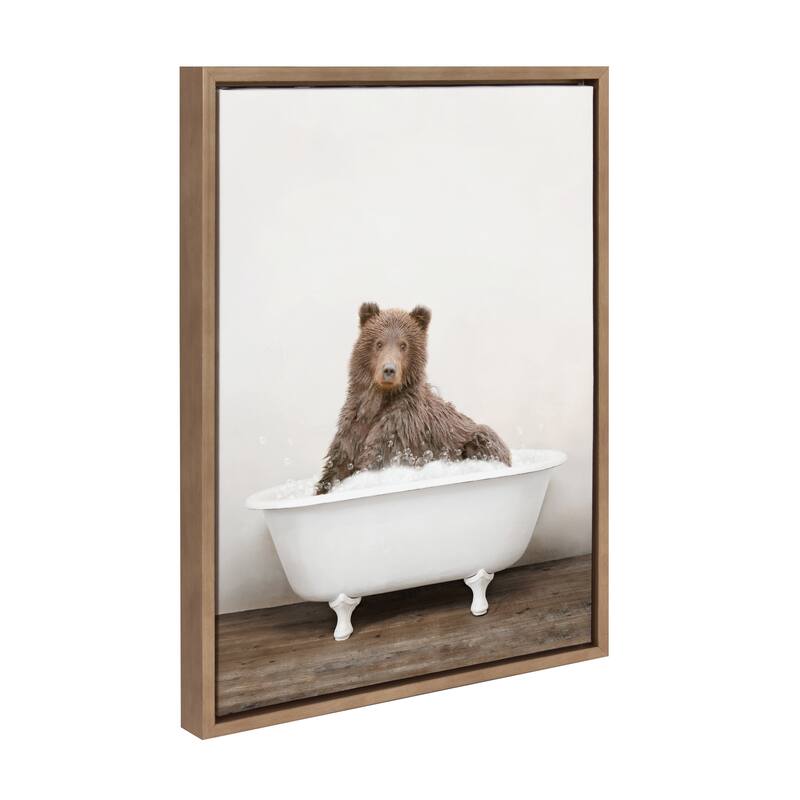 Kate and Laurel Bear Rustic Bubble Bath Framed Canvas by Amy Peterson - Gold - 18x24